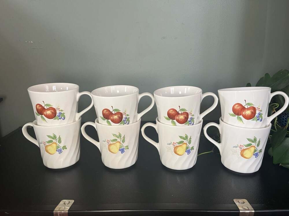 Vintage Corelle Chutney Fruit Swirl Stoneware Mugs - Set of 8